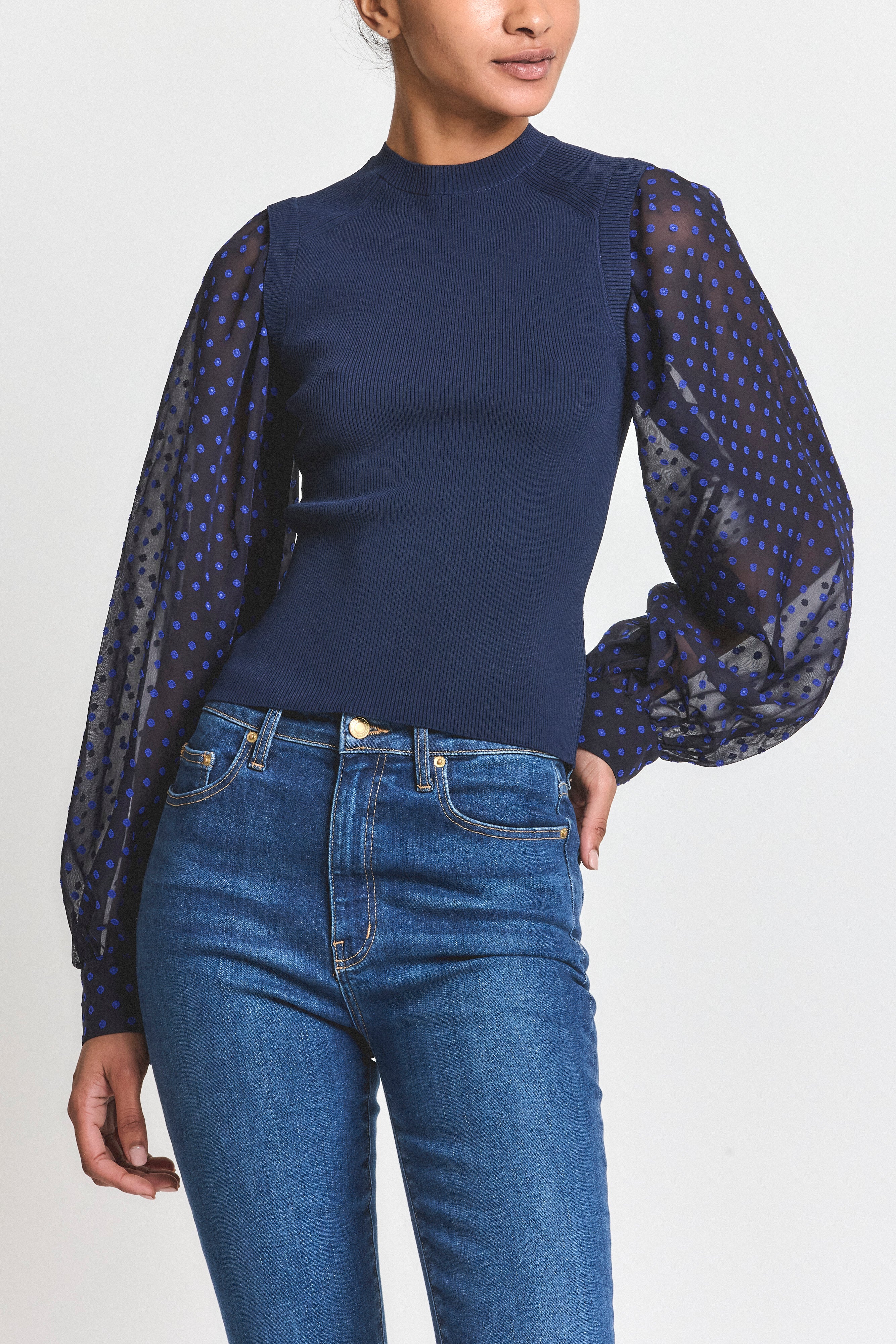 Cerina Mixed Media Sweater in Dark Navy - Lukka Boutique