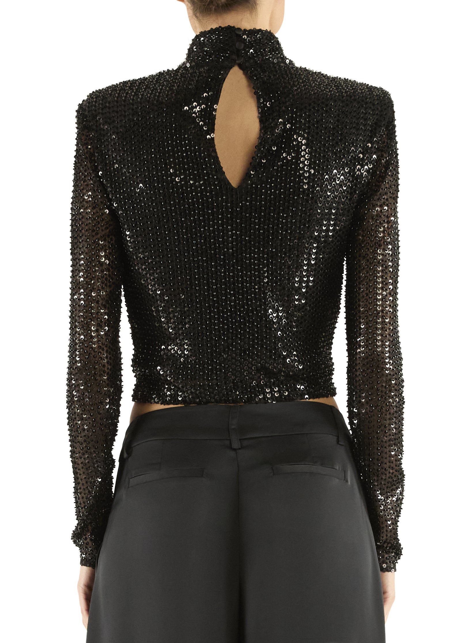 Amber Beaded Mesh Mock Neck Top in Black - Lukka Boutique