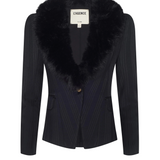Kaisley Faux Fur Collar Blazer in Black Shadow Stripe - Lukka Boutique