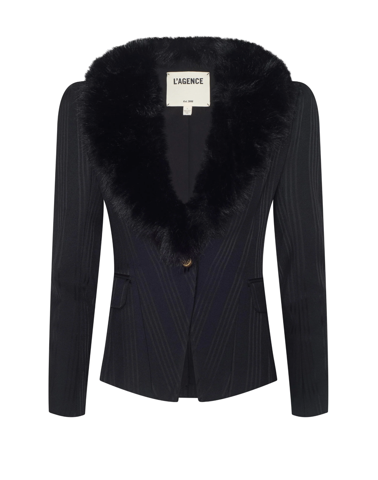 Kaisley Faux Fur Collar Blazer in Black Shadow Stripe - Lukka Boutique