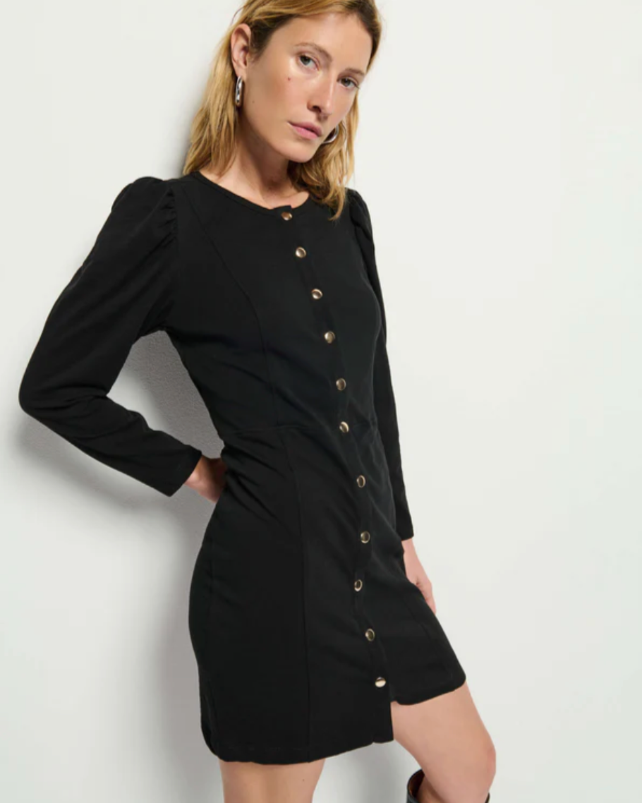 Rae Placket Front Dress in Jet Black