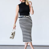 Side Slit Midi Skirt in Macrame Stripe - Lukka Boutique