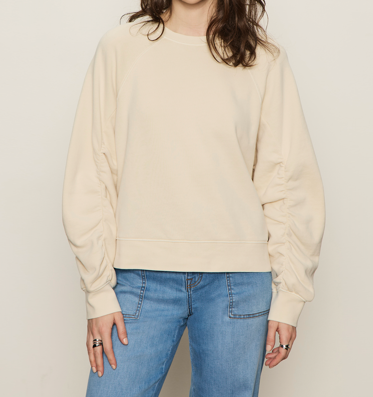 Shirred Sleeve Sweatshirt in Vanilla Creme - Lukka Boutique