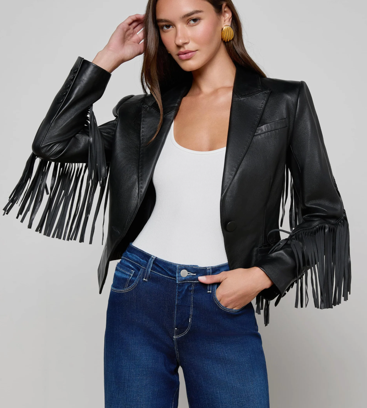 Vashti Fringed Leather Blazer in Black - Lukka Boutique