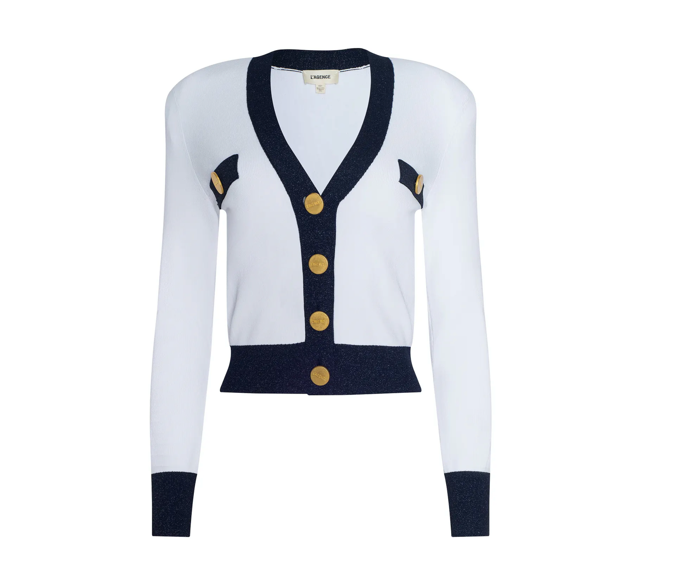Taya Cropped V-Neck Cardigan in White/Midnight - Lukka Boutique