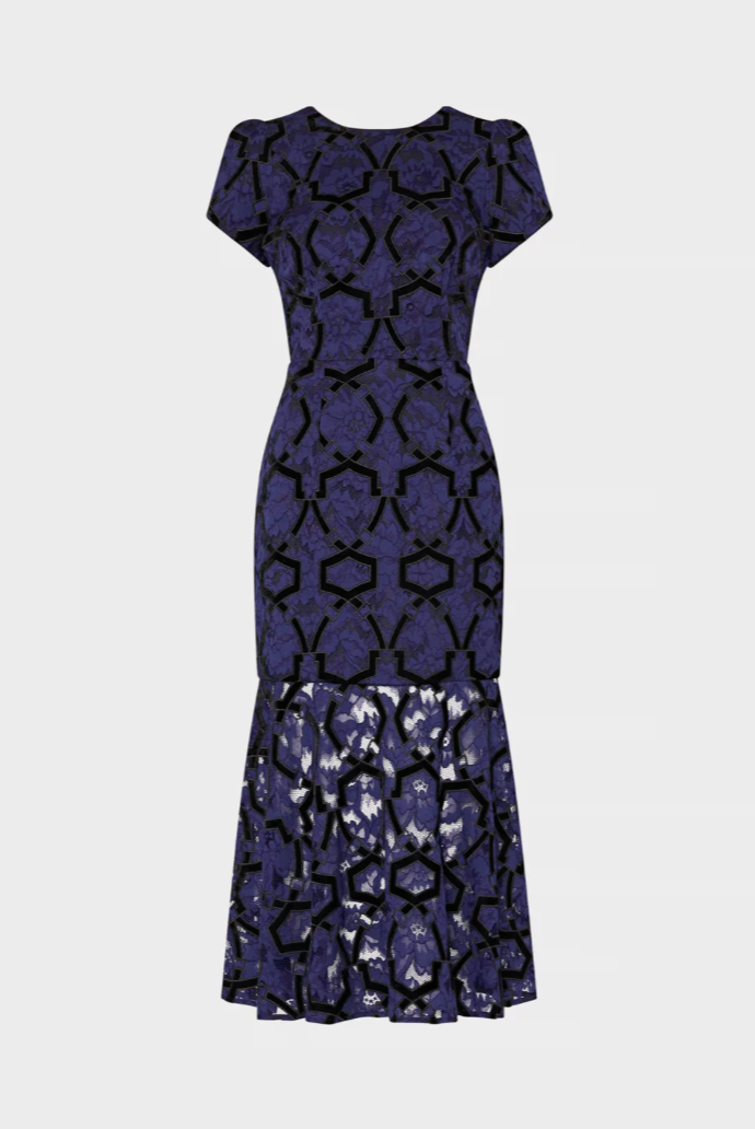 Tahlia Velvet Flock Lace Dress in Navy/Black - Lukka Boutique