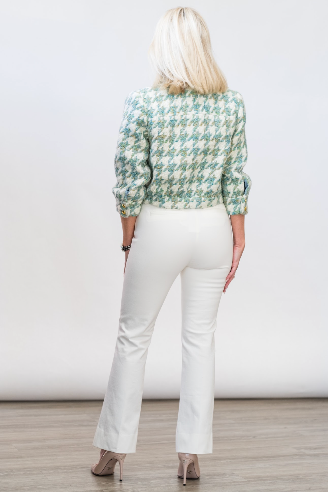 Jia Crop 3/4 Sleeve Jacket in Dusty Jade Multi Houndstooth - Lukka Boutique