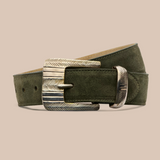 Aya Western Engraved Belt in Olive Suede