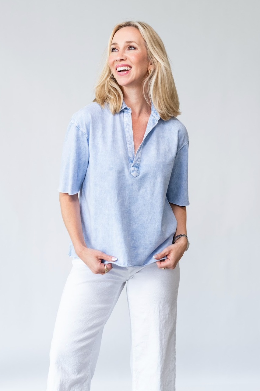 Patty Popover Short Sleeve Henley in Mineral Blue - Lukka Boutique