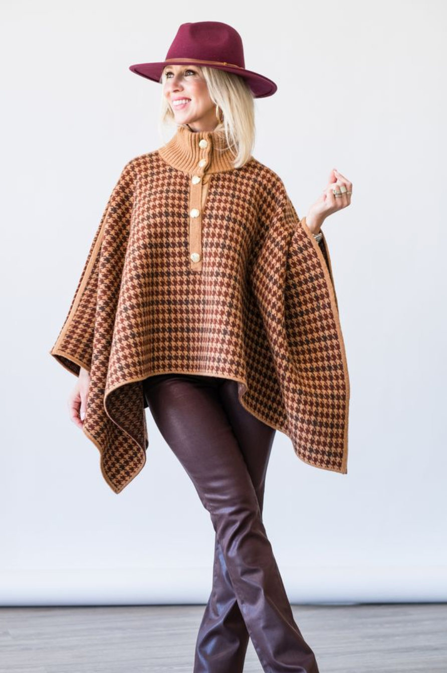 Pagoda Cape in Multi Camel Check - Lukka Boutique