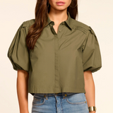 Valeria Cotton Poplin Button Down Top in Olive Green