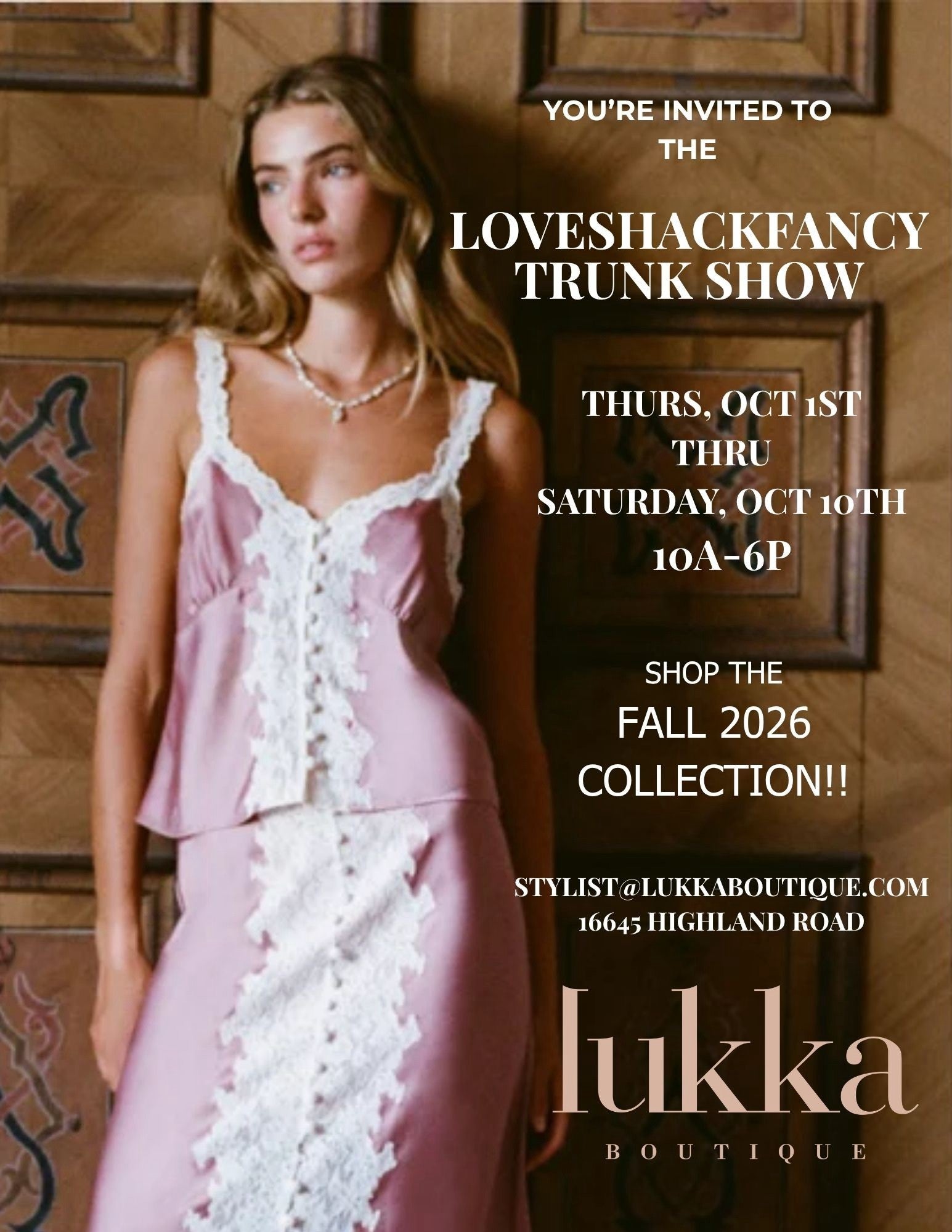 LoveShackFancy Trunk Show at Lukka Boutique, Thursday October 1 through Saturday October 10, 10am to 6pm