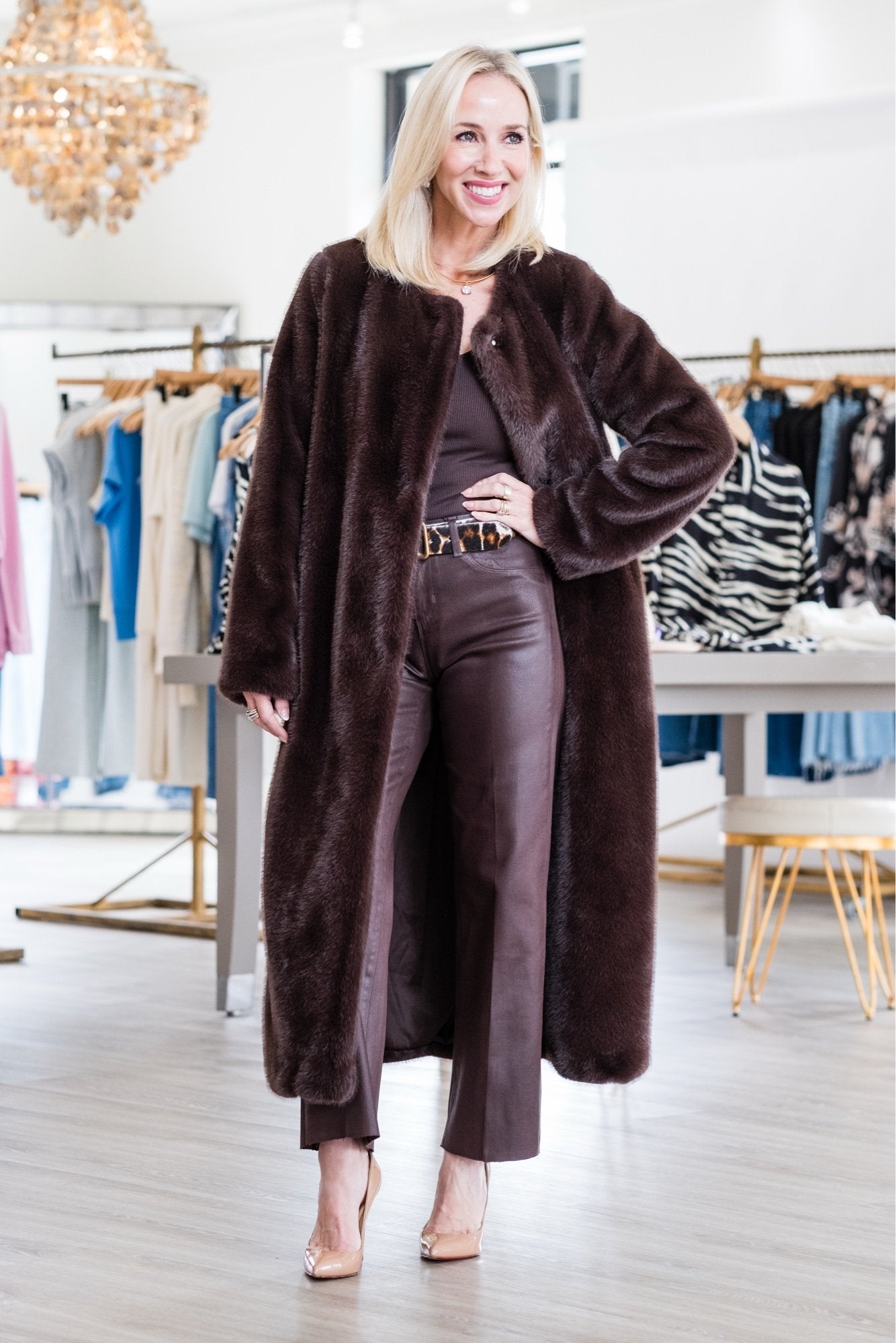 Michele styling a Chocolate brown fur coat over a brown bodysuit at Lukka Boutique